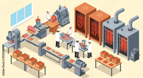 Isometric illustration of a modern sausage and meat processing factory line