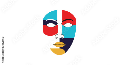 Abstract face composed of colorful geometric shapes on a white background