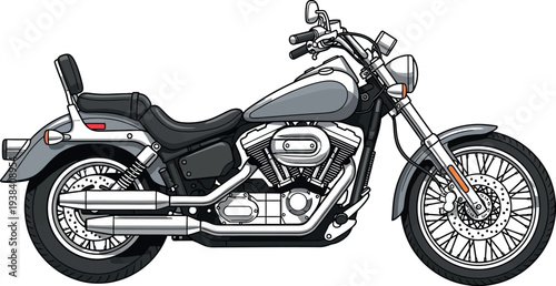 Classic gray cruiser motorcycle illustration with chrome details and an isolated background