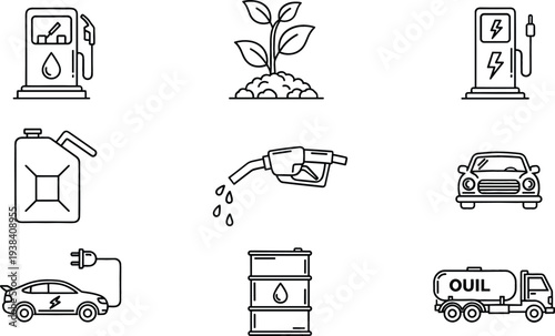 Energy and Fuel Industry Icon Set with Gas Pump, Electric Vehicle Charging, Oil Barrel, Fuel Nozzle, Car, and Sustainable Energy Symbols