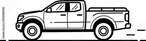 Stylized black and white icon depicting a moving four door pickup truck in motion