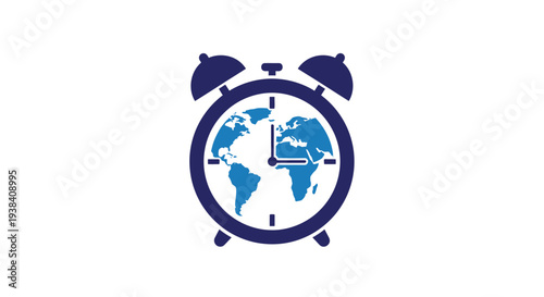 A blue alarm clock icon featuring a world map face and hands