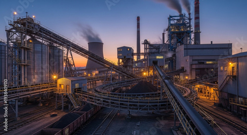 Industrial factory complex at dusk with smoke stacks emitting plumes of smoke.