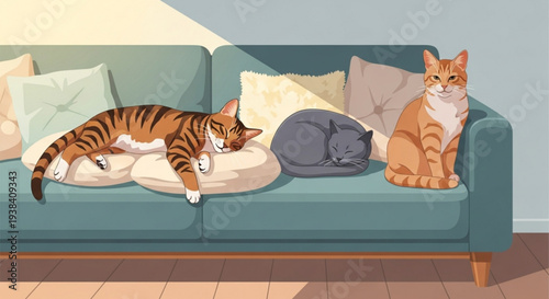 Two orange cats resting on a teal couch with pillows in a cozy living room with natural light and wooden floor
