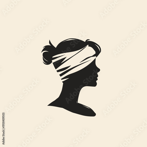 Silhouette of a woman with blindfold against a neutral background