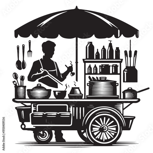 Black Street food vendor Silhouette Vector, High Quality Illustration on White Background