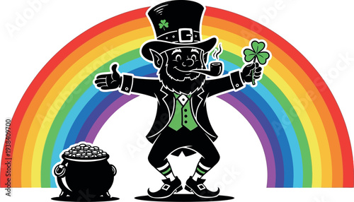 Lucky leprechaun celebrating Saint Patrick's Day with a rainbow and pot of gold.