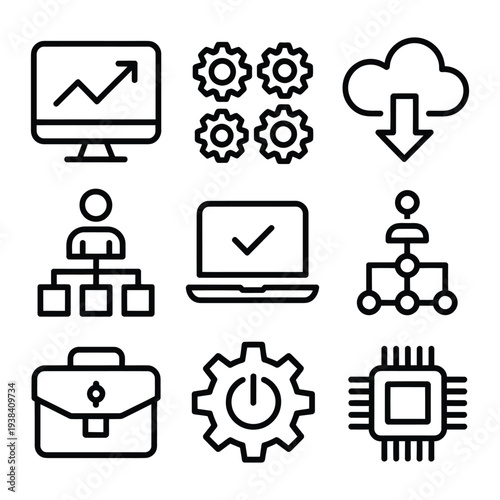 Technology and business icons, computer analysis chart gears cloud storage flowchart laptop and handshake, modern office workflow