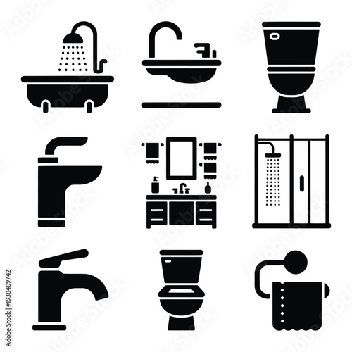 Set of bathroom icons including bathtub shower sink toilet faucet and bidet, modern interior design elements, hygiene and cleanliness