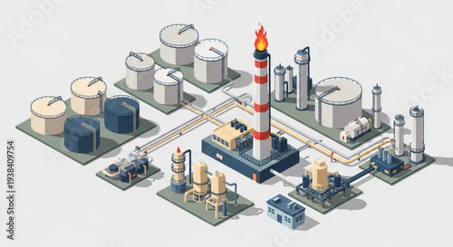 Industrial oil refinery complex with storage tanks and pipelines.