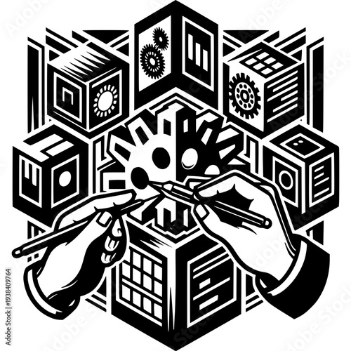 Engineering Precision: A meticulously crafted illustration depicts the intricate process of engineering, where hands skillfully manipulate tools amidst a complex network of gears and cubic structures.