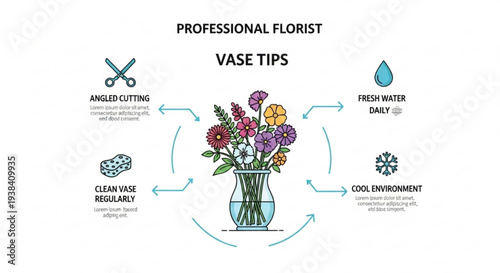 Professional florist vase tips infographic with colorful flowers and care instructions for fresh blooms