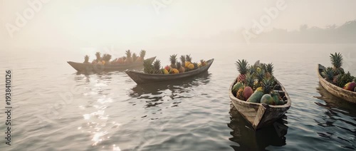Wooden boat with tropical fruits floating on calm water at morning