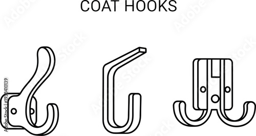 Collection of various black and white coat hook icons and simple line art designs
