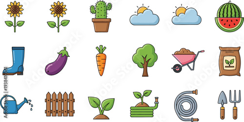 Gardening and Farming Icon Set with Sunflower, Cactus, Watering Can, Wheelbarrow, Garden Tools, Vegetables and Plant Growth Symbols