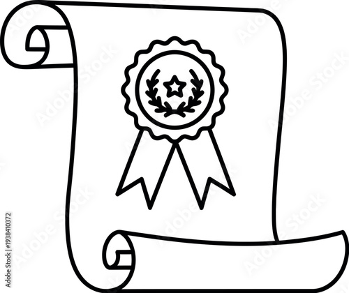 Outline icon of a scroll with a certificate seal representing award or achievement.