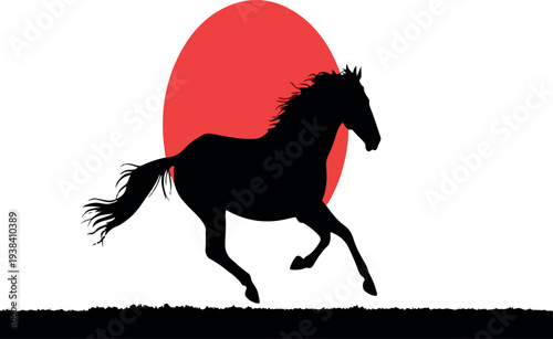 Silhouette of a Rhythmic Horse: A dynamic silhouette of a horse running with great momentum against a vibrant red orb, creating a sense of freedom, energy, and the essence of raw power and beauty.