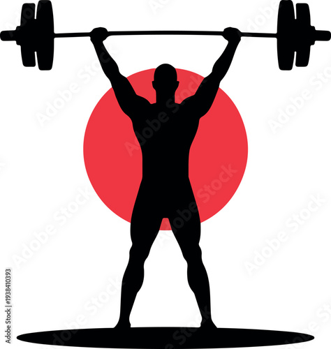Silhouette of Strength: A striking silhouette of a weightlifter boldly lifts a barbell overhead against the backdrop of a red circle, symbolizing power and determination.