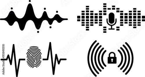 Biometric Security and Audio Wave Vector Icon Set featuring Fingerprint, Microphone, and Secure Lock
