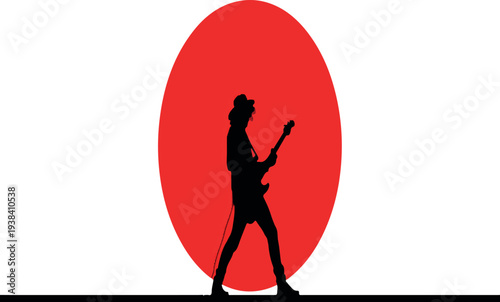 Silhouette of a Guitarist: An iconic silhouette of a guitarist strikes a dynamic pose against a striking red backdrop, ready to unleash a melody.
