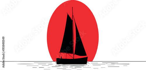 Sailboat Silhouette Against Crimson Sunset: A minimalist depiction of a sailboat against a vibrant red sun, evoking a sense of tranquility and adventure on the open water.
