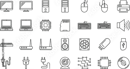 Computer Hardware and Technology Outline Icon Set with Monitor Laptop CPU Keyboard Mouse Router USB Speaker Circuit Devices Vector Collection