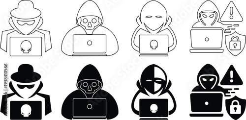 Cyber Security and Hacker Icon Set: Anonymous Coding on Laptop, Malware, and Data Protection - Outline and Glyph Vector Illustration