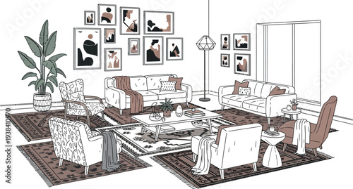 Modern hand-drawn living room interior illustration with stylish furniture and abstract wall art.