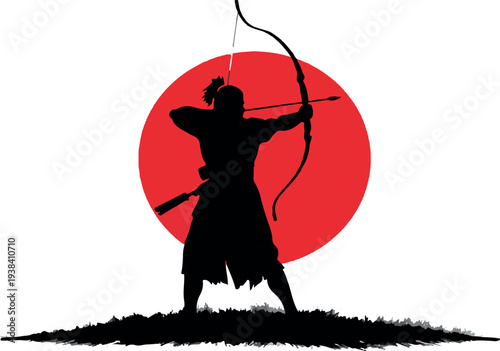 Japanese Archer Silhouette: A skilled archer, poised in the iconic stance, draws a longbow against the backdrop of the rising sun. A symbol of discipline and tradition.