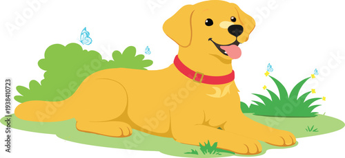 Vibrant purebred canine lounging in blooming meadow with flying insects, joyful outdoor recreation and peaceful animal friendship flat vector concept
