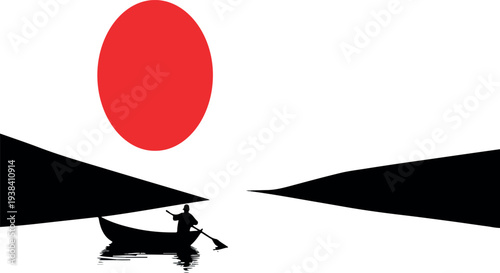 Zen Sunset: A minimalist, artistic depiction of a solitary figure in a boat drifting across serene waters towards a vibrant red sun, evoking tranquility and introspection.