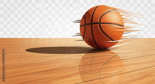 Spinning orange basketball with motion blur on a wooden court floor with transparent background and dramatic lighting