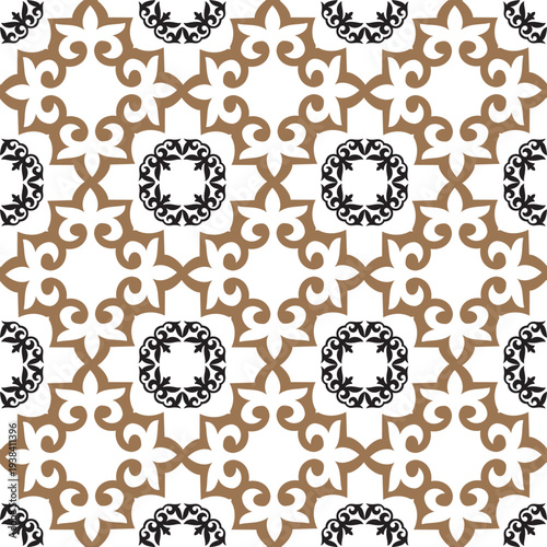 Seamless pattern made of abstract elements in gold, white and black. Traditional Central Asian ornament. Ethnic Asia ornament of the nomadic, Kazakh, Kyrgyz, Turk, Mongol, Turkmen. For ceramic, tile