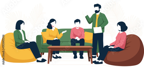 Group Discussion Meeting with Counselor and People Sitting Together Vector Illustration