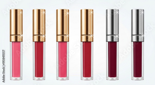 Six lip glosses in various shades of pink and red with gold and silver caps against a white background showcasing different hues