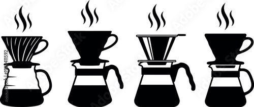 Set of Pour Over Coffee Brewing Vector Illustrations. Scalable EPS Icons for Cafe and Barista Design