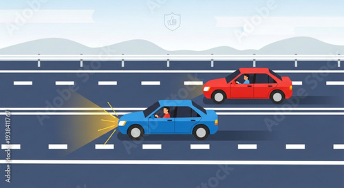 Two cars driving on a highway with one flashing headlights at the other vehicle in a mountainous landscape