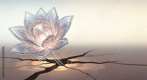 Delicate transparent lotus flower blooms in cracked dry earth with warm sunset light