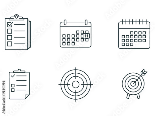 Checklist, calendar, and target icons for planning, scheduling, and goals
