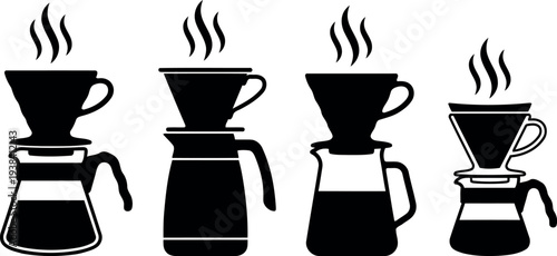 Pour Over Coffee Maker Icons Set, Manual Coffee Brewing Dripper and Carafe Vector Silhouette Art