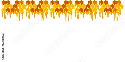 Golden honey dripping background combined with honeycomb hexagon pattern. Sweet honey drip border with copy space, perfect for honey products, beekeeping themes, organic food design, banners