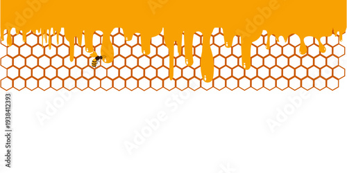 Golden honey dripping background combined with honeycomb hexagon pattern. Sweet honey drip border with copy space, perfect for honey products, beekeeping themes, organic food design, banners