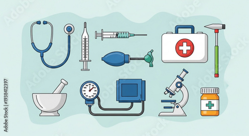 Medical equipment and tools for healthcare professionals including stethoscope syringe blood pressure monitor and microscope on a light blue background