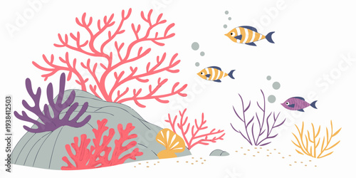Vibrant coral reef teeming with diverse marine life in crystal clear waters. Vector