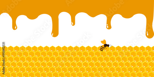 Golden honey dripping background combined with honeycomb hexagon pattern. Sweet honey drip border with copy space, perfect for honey products, beekeeping themes, organic food design, banners