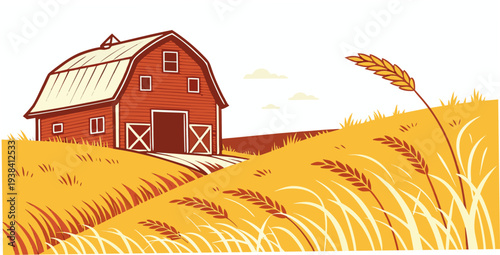 a red barn on a winding road in a rural landscape Vector