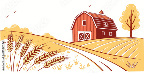 a white house with a red roof sits in a wheat field Vector