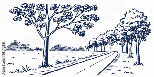 A serene landscape featuring a winding road surrounded by trees and nature Vector