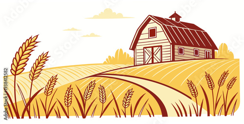A picturesque farmhouse surrounded by golden wheat fields under a clear blue sky Vector