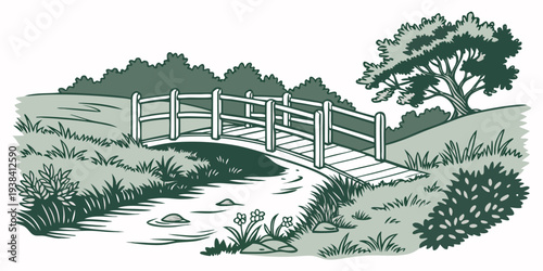 A serene landscape featuring a bridge over a calm river with lush greenery. Vector
